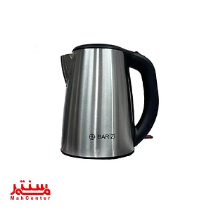 یک کتری برقی استیل ضد زنگ با طراحی مدرن، دسته پلاستیکی مشکی و برند "BARIZI" حک شده بر روی آن.